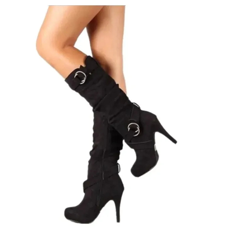 Make a statement with these new sexy knee-high women boots featuring thin, high heels. Perfect for adding a touch of elegance and style to any outfit! -