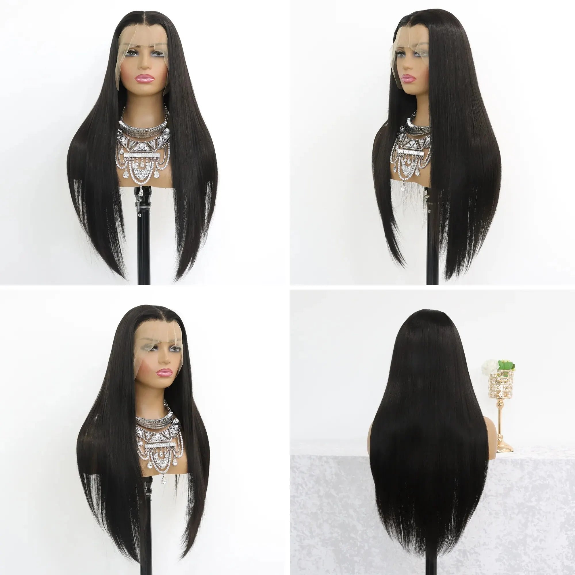 Long Straight Black Lace Front Wig Natural Black Pre Plucked HD Lace Front Wig Glueless Heat Resistant Fiber -