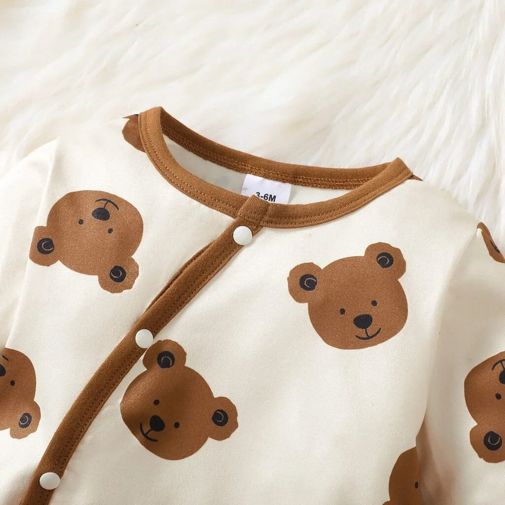 Keep your newborn baby boy cozy and adorable this spring with this 2-piece set—featuring a long-sleeved bear print romper and matching hat, perfect for ages 0-1 year! -