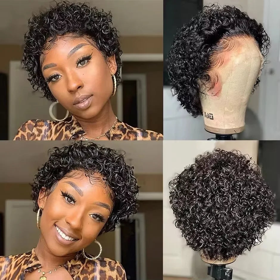 Achieve a natural look with this lace frontal short kinky curly bob wig. Made from Brazilian water wave hair, this trendy hairstyle is perfect for a stylish and fashionable appearance. -