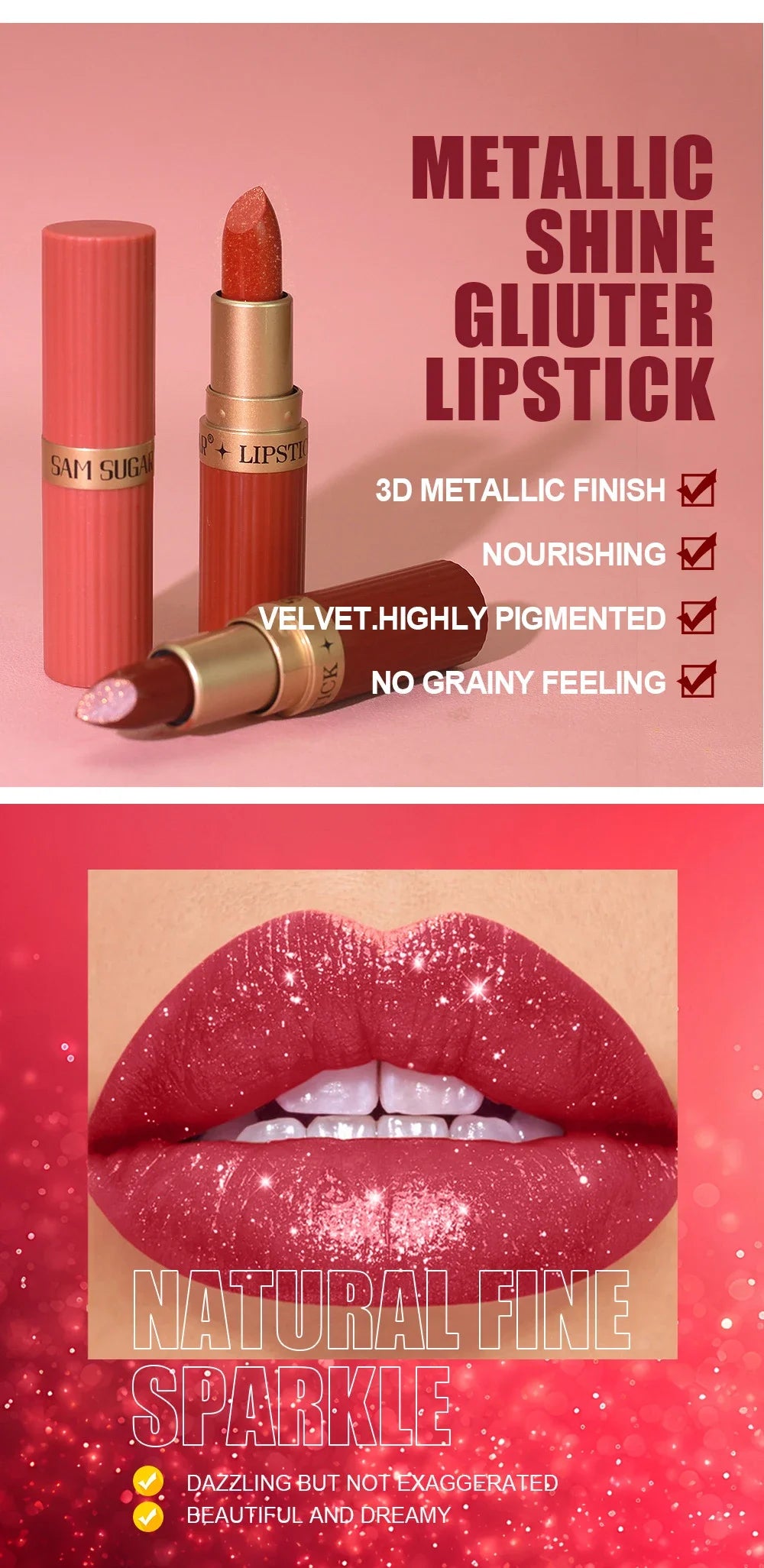 Chocolate Brown Luxurious Metallic Glitter Lipstick Long-Lasting Waterproof Non-Fade Shimmery Pearl Sparkling Lip Gloss Makeup -