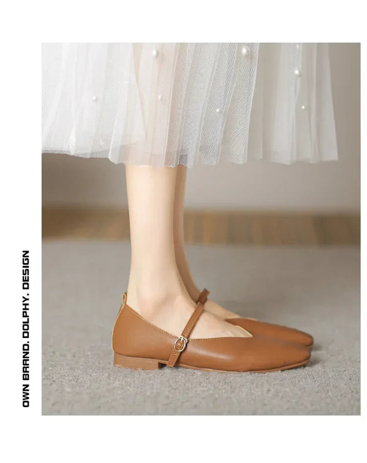 Woman Spring Casual Square Toe Low Soft Soled Shoes Lolita Ballerina Red Flats Female Elegant French Retro Buckle Mary Janes -