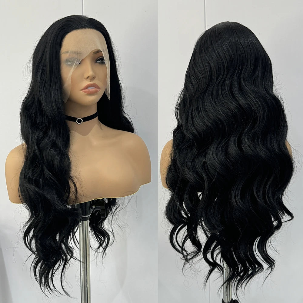 Achieve versatile and trendy looks with this black lace front wig. Featuring long, body wavy heat-resistant fiber, and a glueless design, this wig is perfect for effortless and stylish hair transformations. -