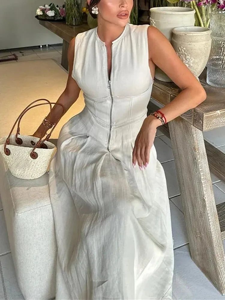 MUJER Zipper Long Dress Woman Pleated Sleeveless Bodycon Dress Summer Elegant Party Dresses For Women 2025 New Midi Dresses -