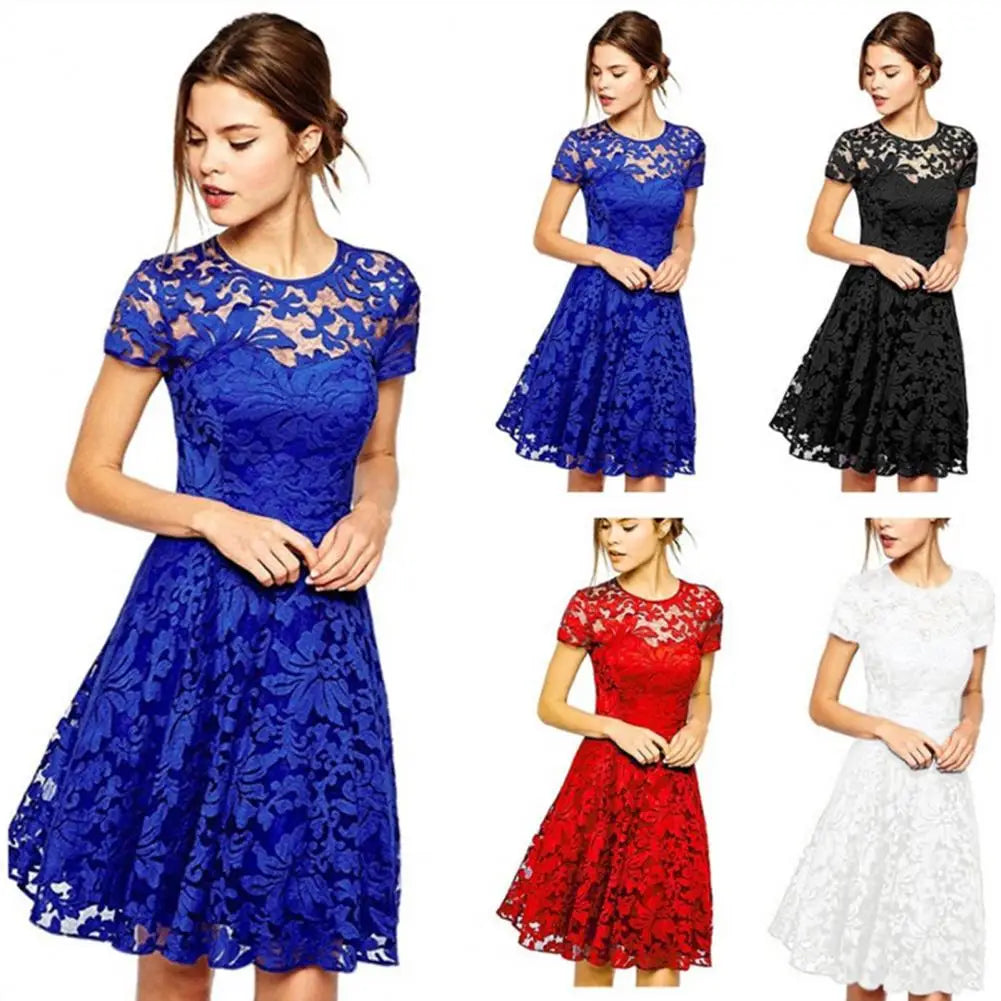 Make a chic statement with this elegant women's dress featuring an O-neck design, transparent lace, and hollow detail—a perfect choice for a sophisticated and stylish look. -