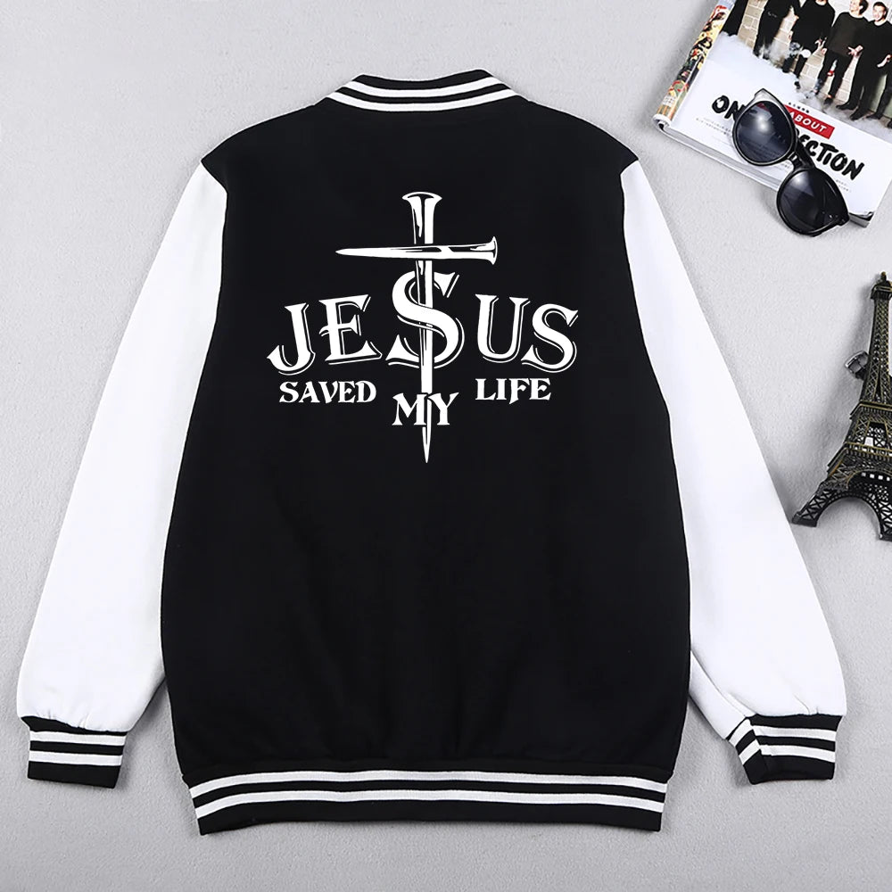 Make a statement with this preppy-style baseball jacket featuring a Jesus Saved My Life letter graphic. This unique design adds a touch of faith-inspired fashion to your look. -