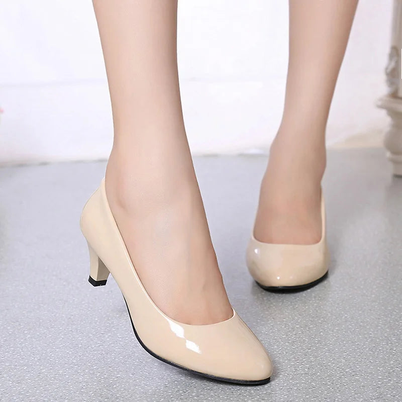 New Women's Shoes On Heels Elegant Medium High Heeled Ladies Pointed Toe Fashion Pumps For Woman Office Black White Red -