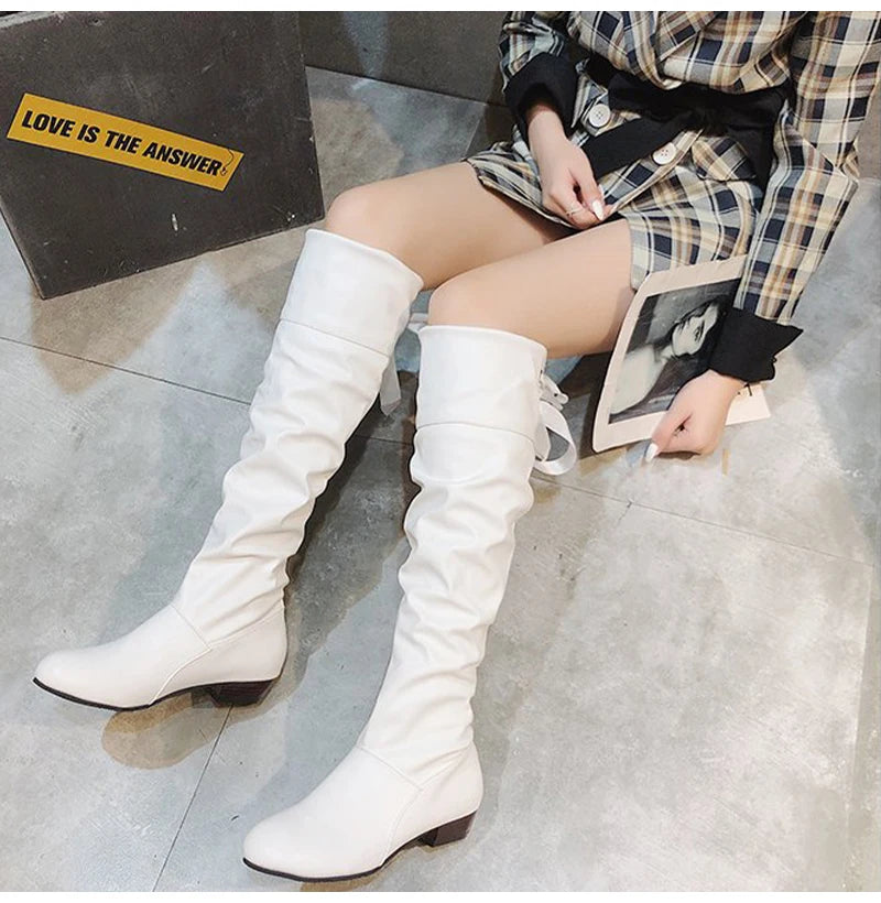 2023Shoes For Women Knee High Boots Red Black White Tall Boots Woman Pleated Low Heel Casual Leather Female Long Shoes -