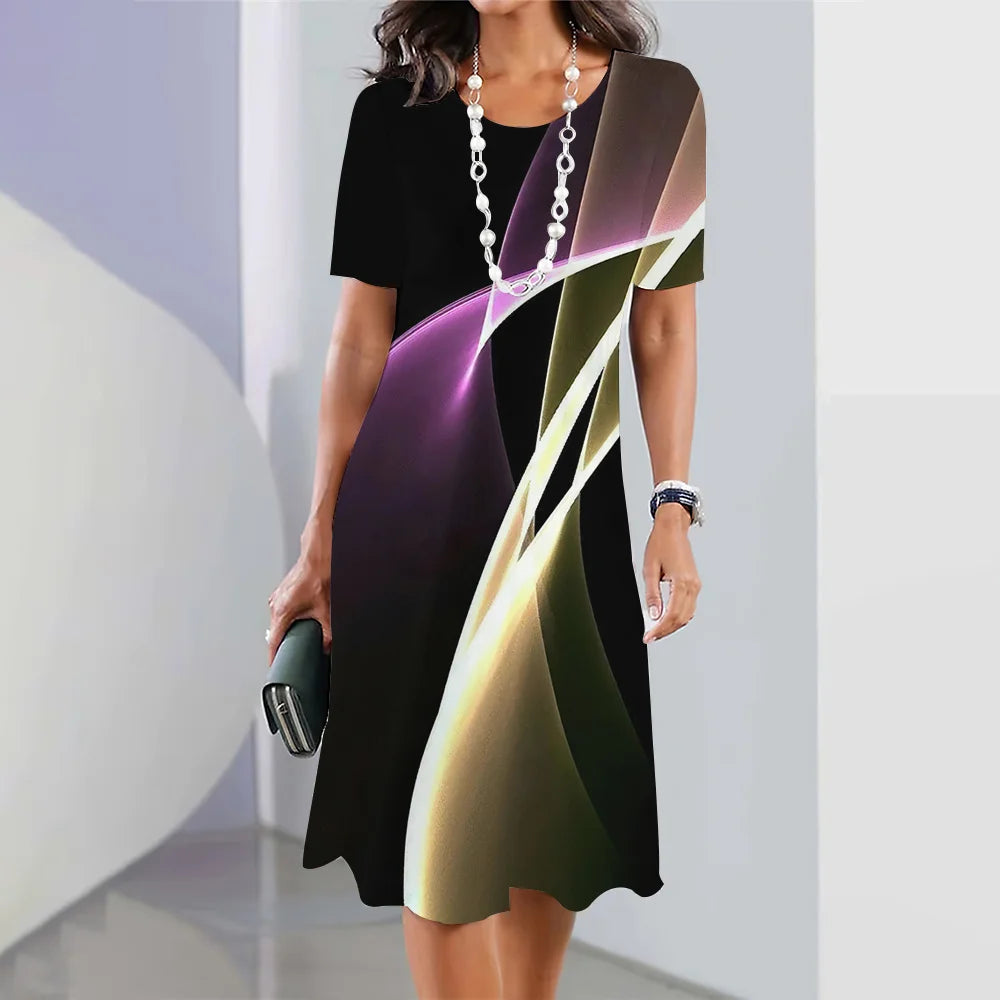 New Women's Dresses Striped Printed Elegant Casual O Neck Short Sleeve Summer Dresses Fashion Ladies Plus Size Clothing Vestidos -