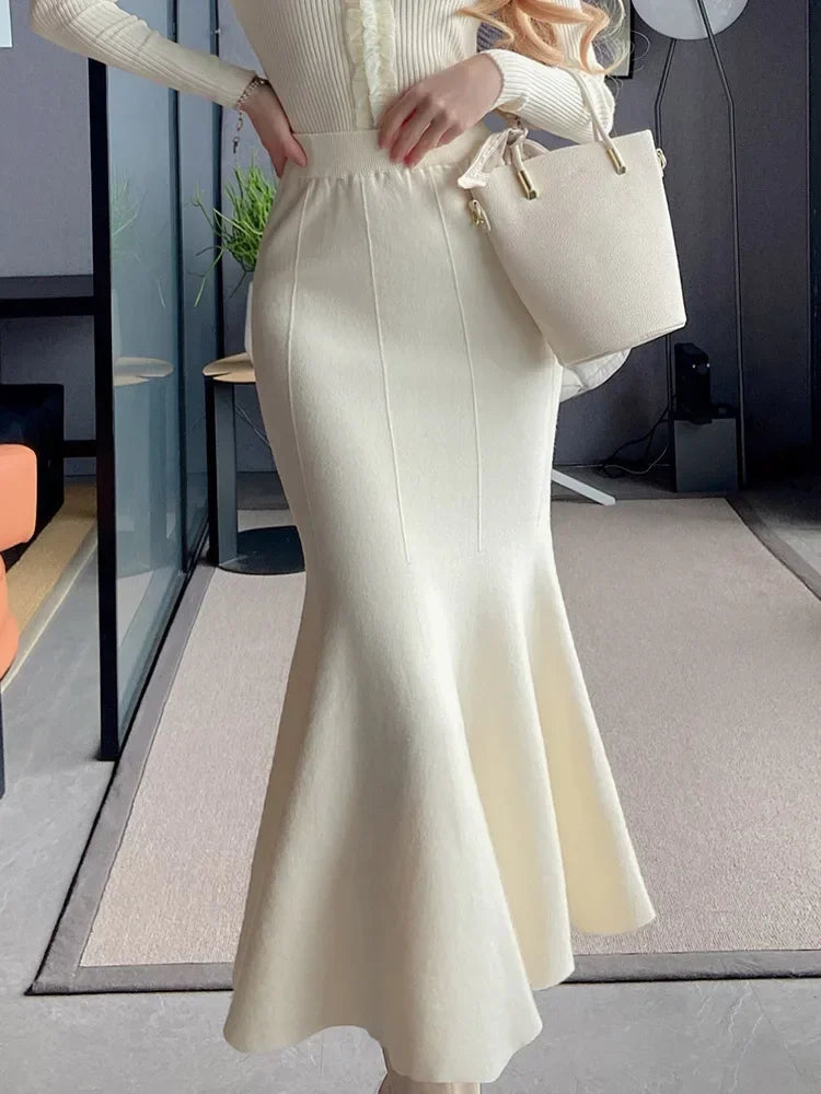Women's Skirts Knitted Long Skirts for Women Fashion 2025 Autumn Winter Solid Color Green Vintage Slim A-LINE Skirts for Woman -