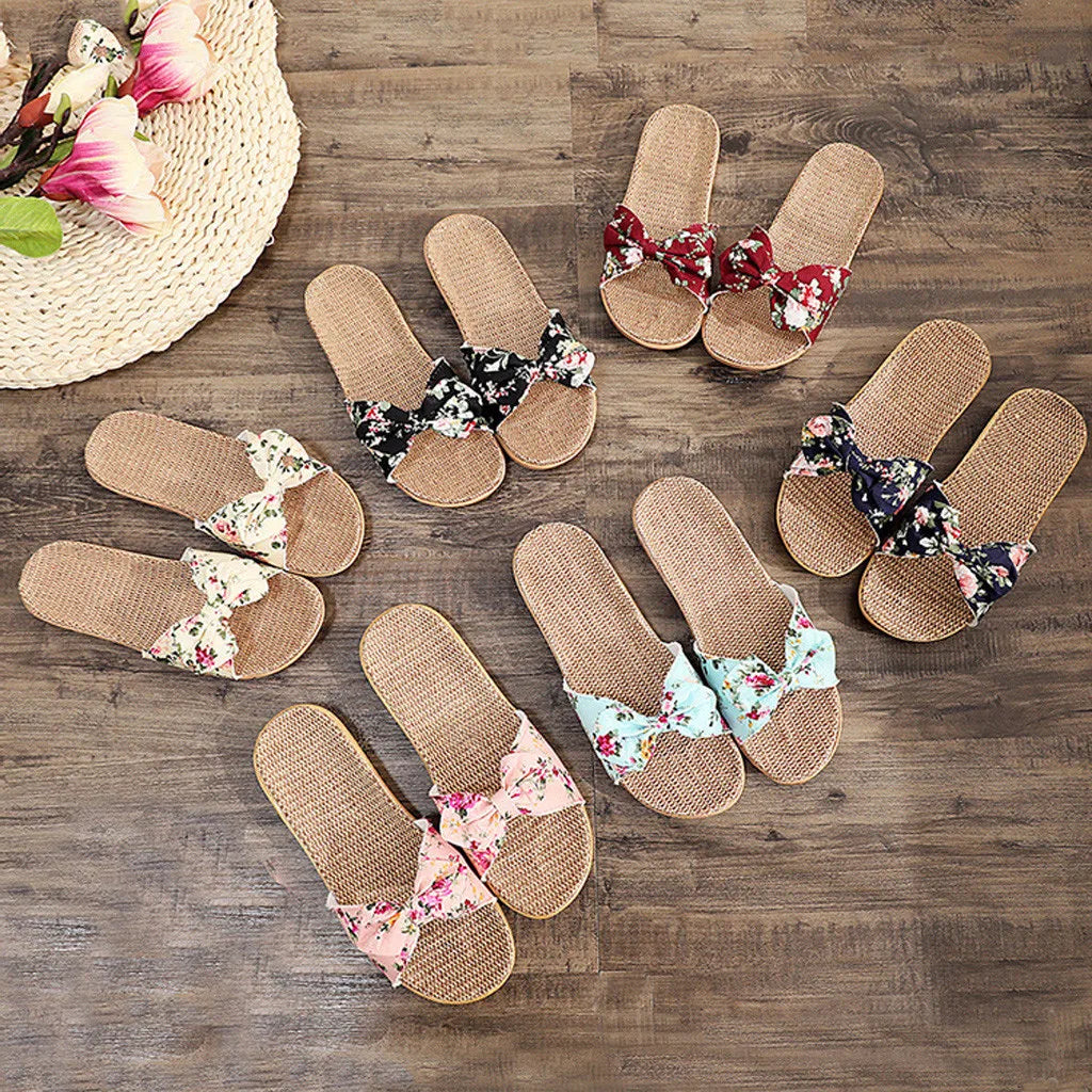 Ladies' Bohemian Style Bow Flower Linen Slippers Sandals Beach Shoes Home Shoes Beach Slippers Indoor Non Slip Shoes 2024 -