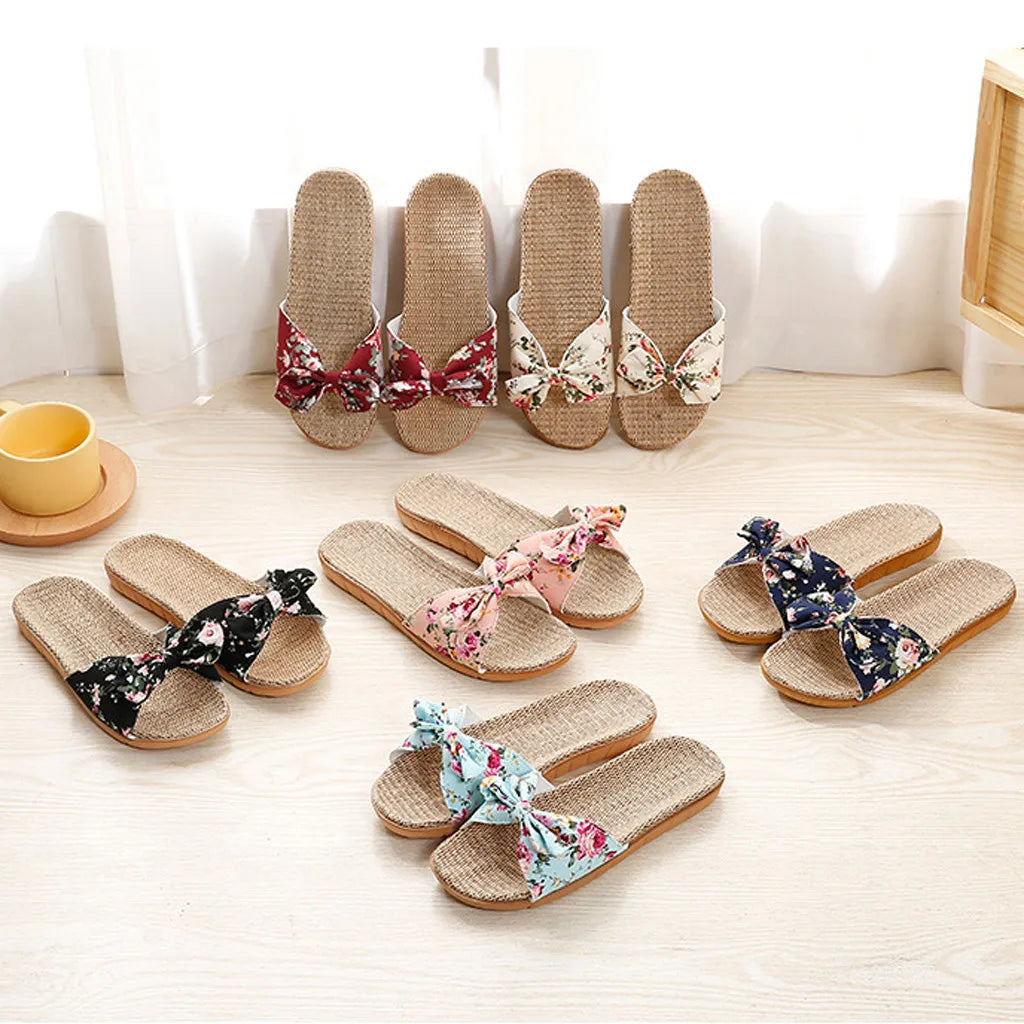 Ladies' Bohemian Style Bow Flower Linen Slippers Sandals Beach Shoes Home Shoes Beach Slippers Indoor Non Slip Shoes 2024 -