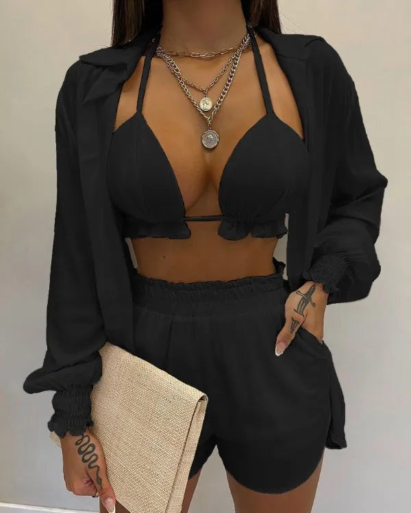 2024 New Bathing Suit Shorts Cover Up Summer Three Pieces Swimwear Sexy Beachwear High Waist Bikini Set Print Women's Swimsuit -