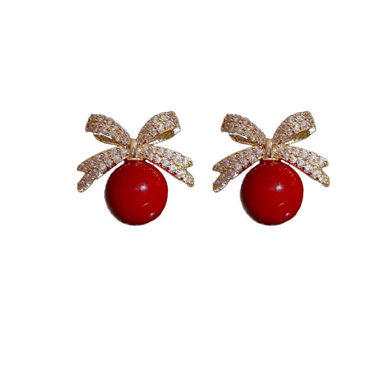 Sparkling Rhinestone Bow Pearl Stud Earrings -