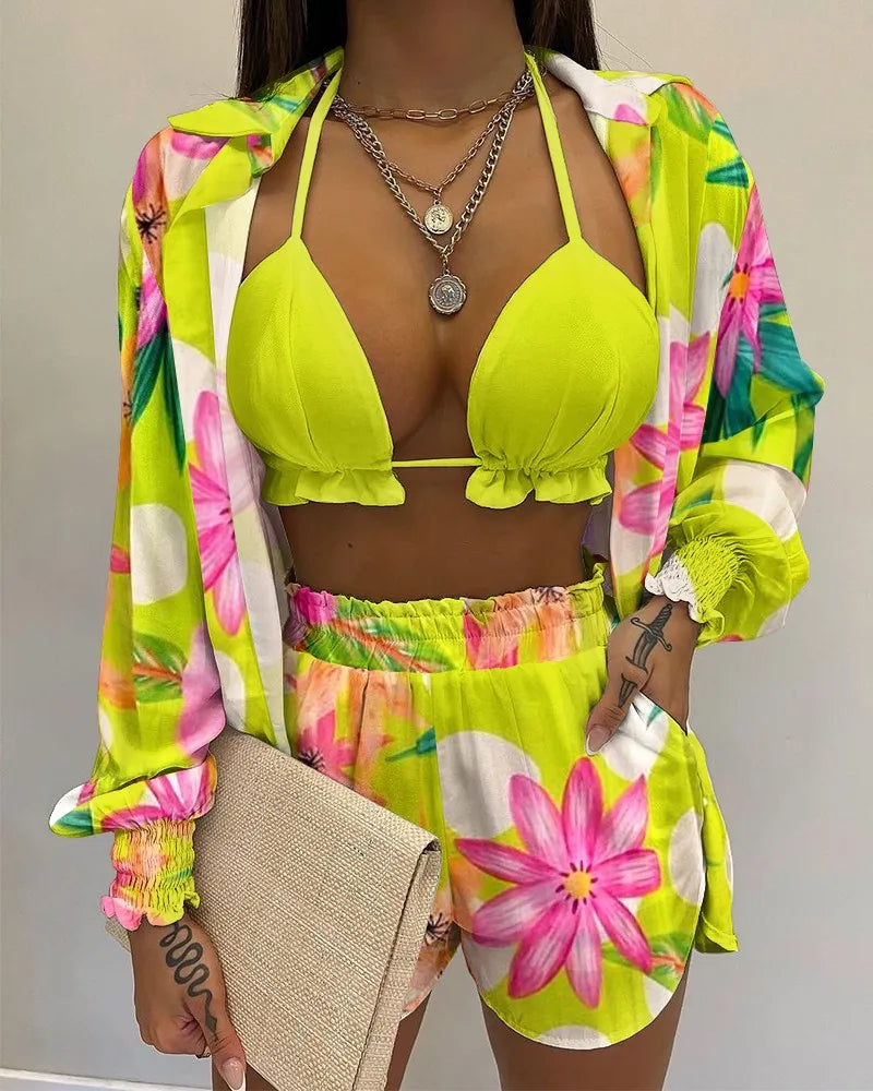 2024 New Bathing Suit Shorts Cover Up Summer Three Pieces Swimwear Sexy Beachwear High Waist Bikini Set Print Women's Swimsuit -