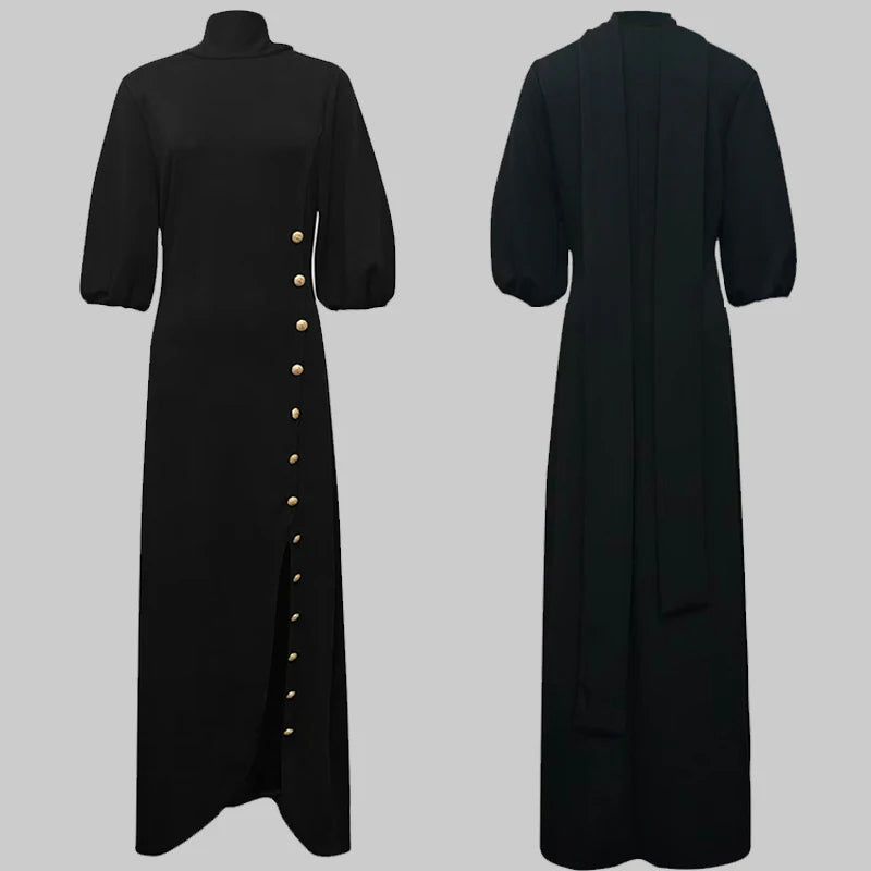 Modigirl Wedding Prom Evening Gown Party Slit Maxi Dresses for Woman 2025 New Lace Up Gold Button Womens Black Autumn Long Dress -