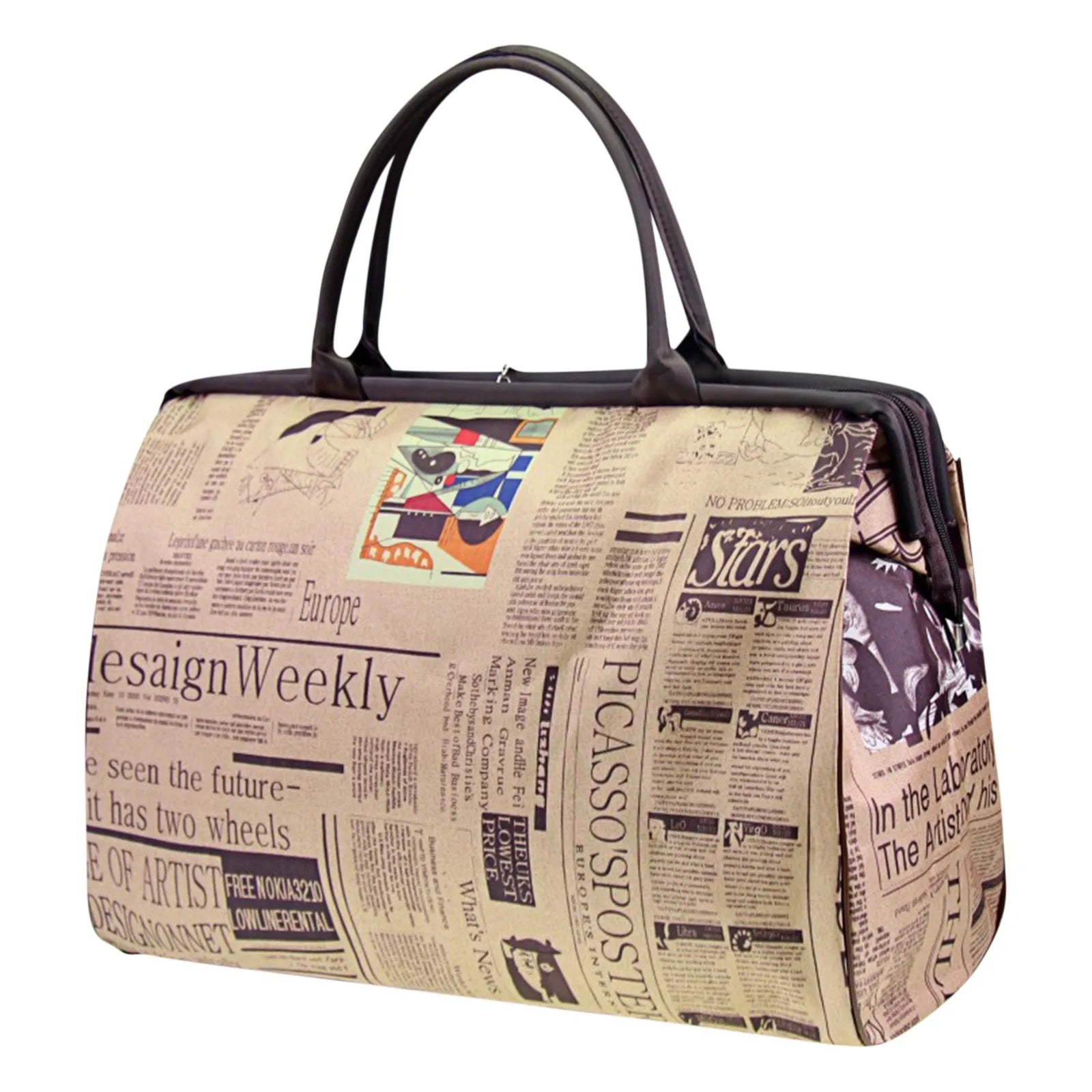 Travel in style with this waterproof handbag featuring a vintage newspaper print. Perfect for those looking for a chic and unique accessory to carry while on the go. -