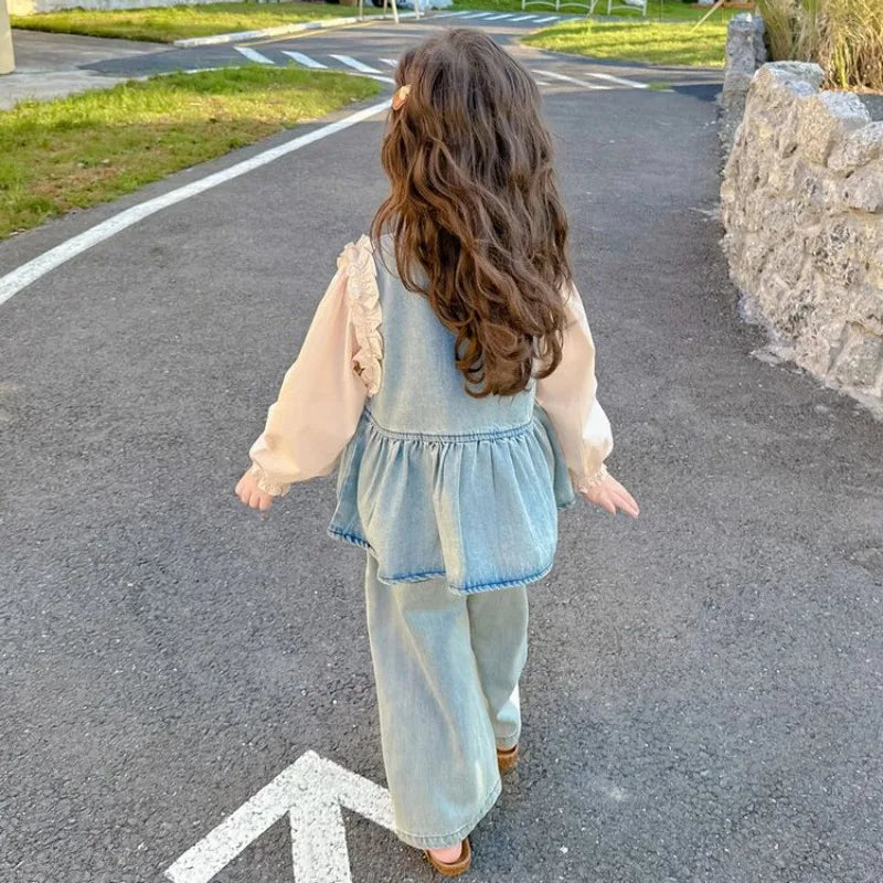 Children's Clothing Sets Girls Denim Vest + Long Sleeve Shirt + Wide Leg Pants Three-piece Suit Toddler Kids Boutique Clothes -