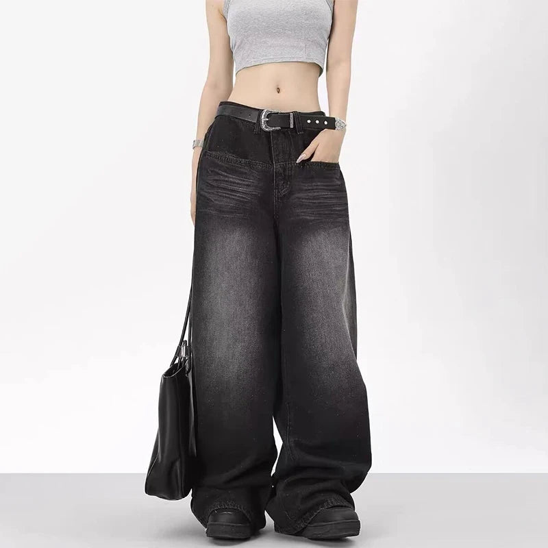 Rock a vintage vibe with these oversized retro black wide-leg jeans for women! -
