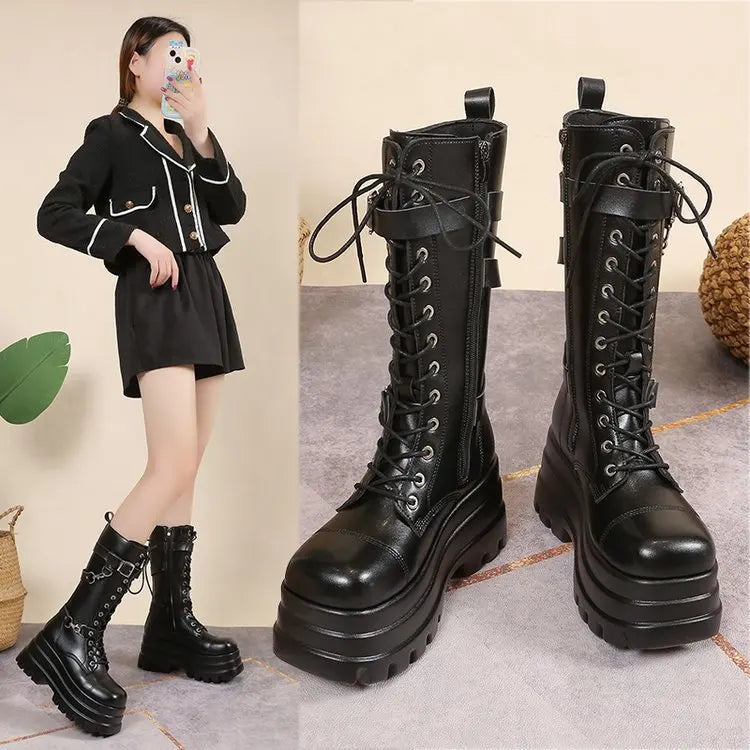 Plus Size 43 Autumn Women Boots Buckle Round Toe Wedges Platform Boots Punk Goth INS Women Street Shoes Combat Boots for Women -