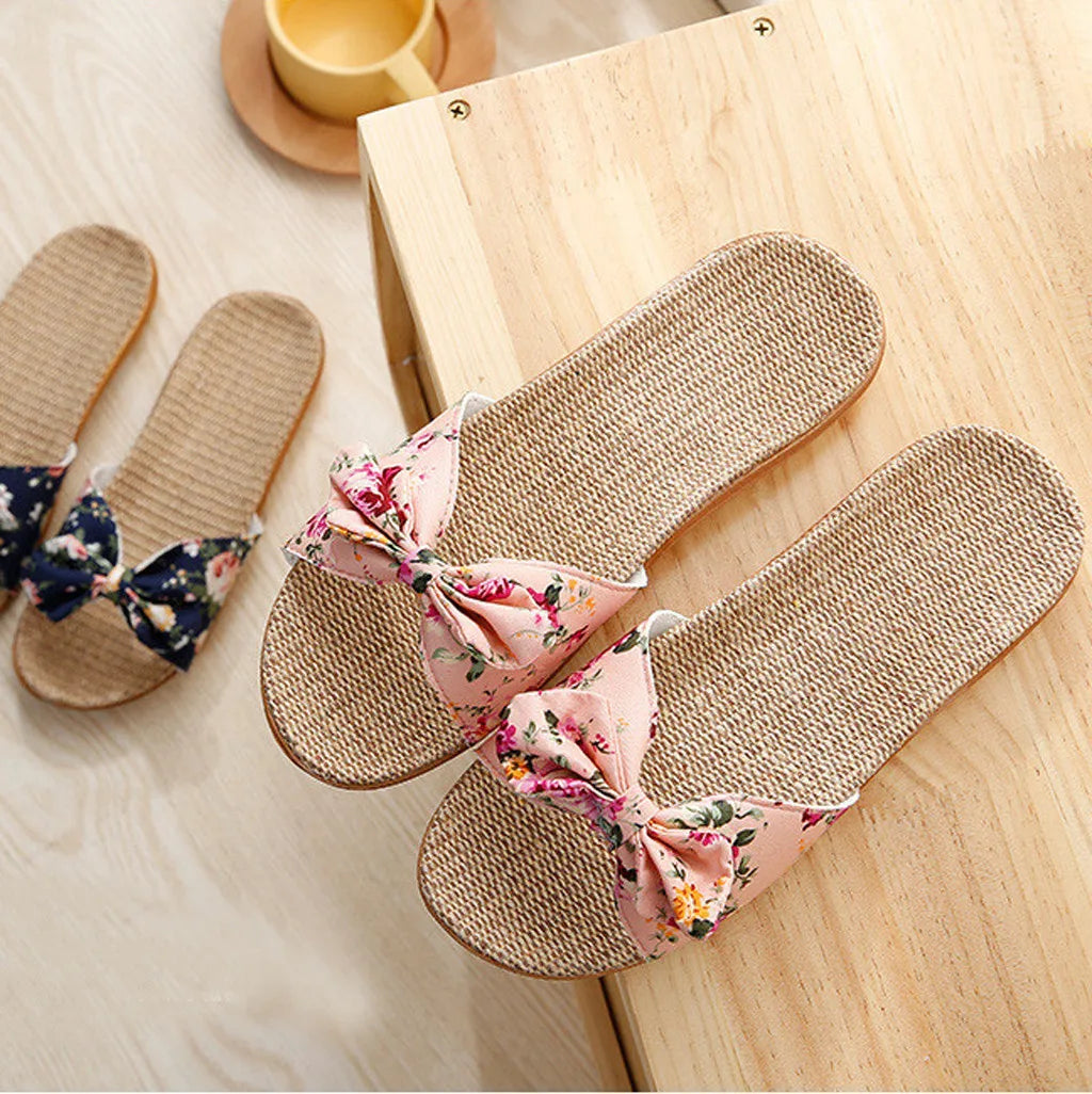 Ladies' Bohemian Style Bow Flower Linen Slippers Sandals Beach Shoes Home Shoes Beach Slippers Indoor Non Slip Shoes 2024 -