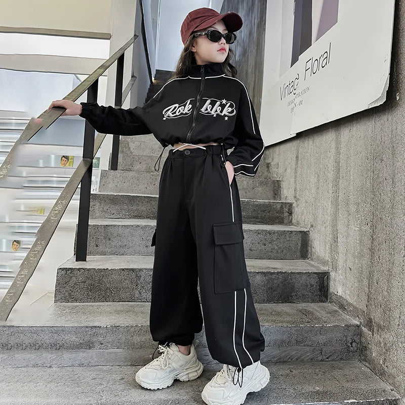 Teen children clothes Girl Dance Clothes Set Short Zipper Coat+Pants 2pcs Kids suit Tracksuits Clothing outfits 5 6 7 9 11 13 15 -