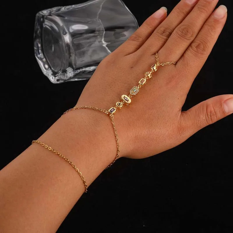 Stainless Steel Colorful Crystal Hand Chain Bracelet -
