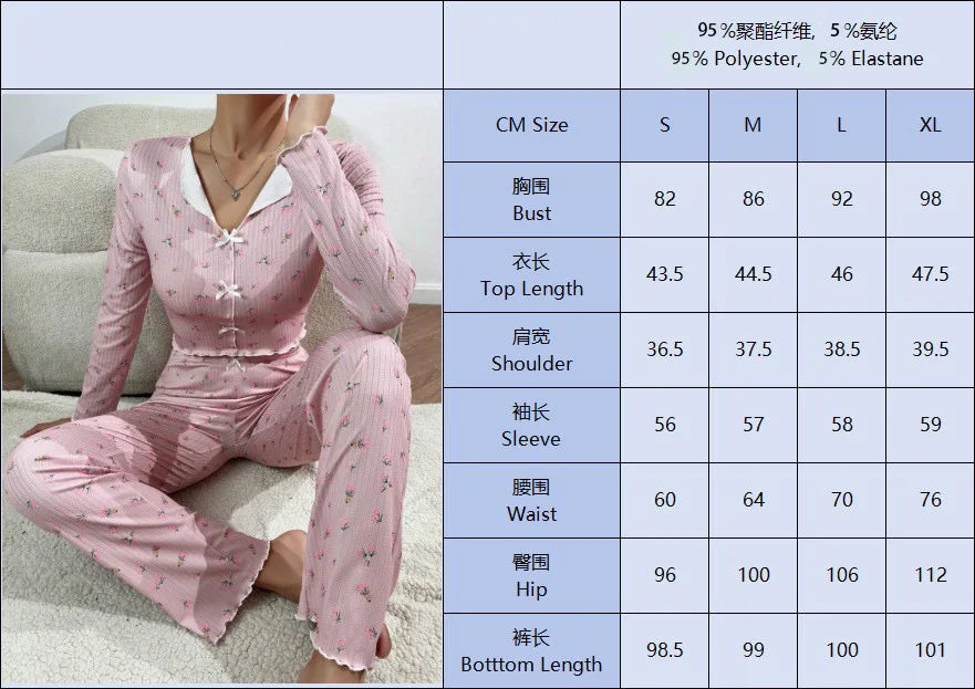 Y2K Cute Floral Ribbed Pajama Set Womens Long Sleeve V Neck Two Piece Sleepwear Homewear Autumn Winter Bow Lettuce Trim New Hot -