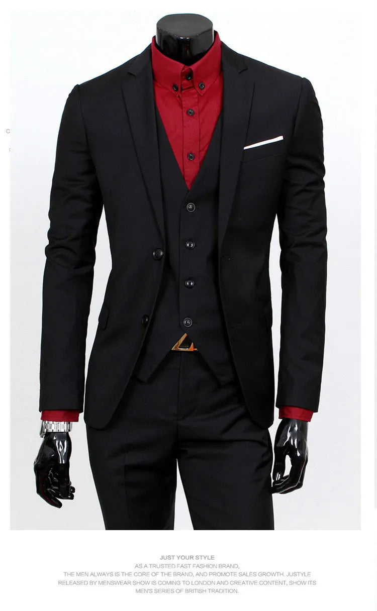 Spring Autumn New Fashion Men's Trendy Slim Business Solid Color 3 Pieces of Suits Sets Single Greasted Blazers Waistcoat Pants -