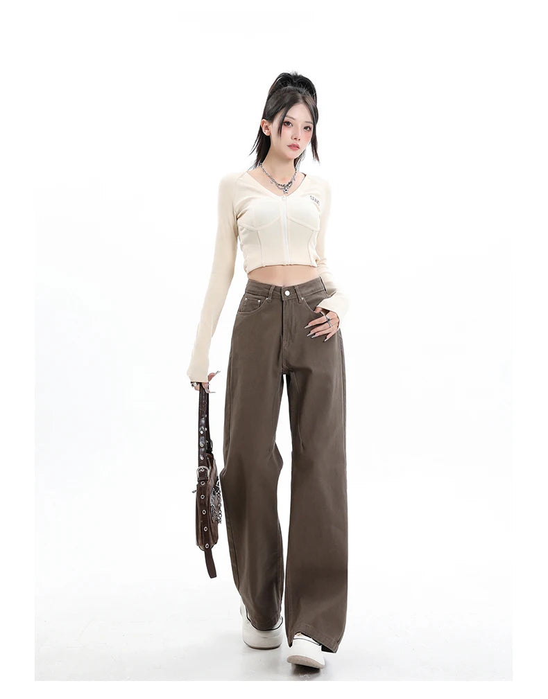 Rock the urban vibe with these baggy, high-street fashion, straight brown jeans for women! -