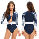 Stay stylish and protected from the sun in this long-sleeved one-piece swimwear for women! -
