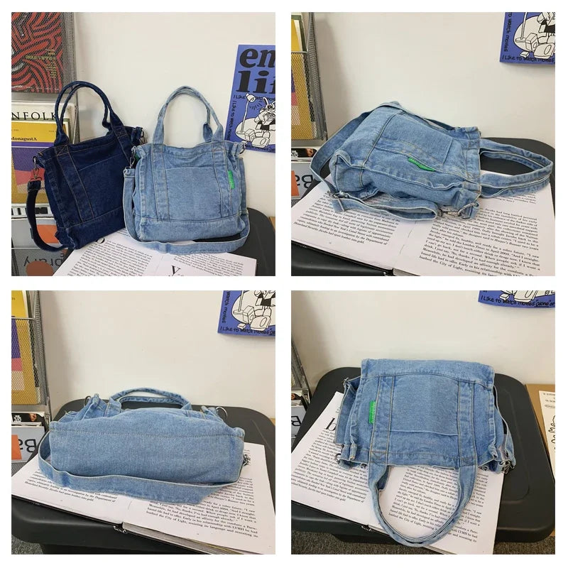 Elevate your casual look with this denim shoulder bag for women. Featuring a large design and zipper closure, this bag is perfect for shopping and everyday use, adding a touch of style to your outfit. -