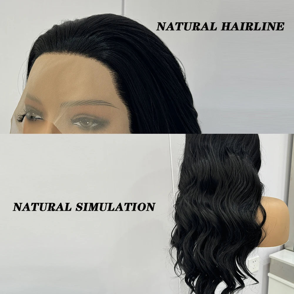 Achieve versatile and trendy looks with this black lace front wig. Featuring long, body wavy heat-resistant fiber, and a glueless design, this wig is perfect for effortless and stylish hair transformations. -