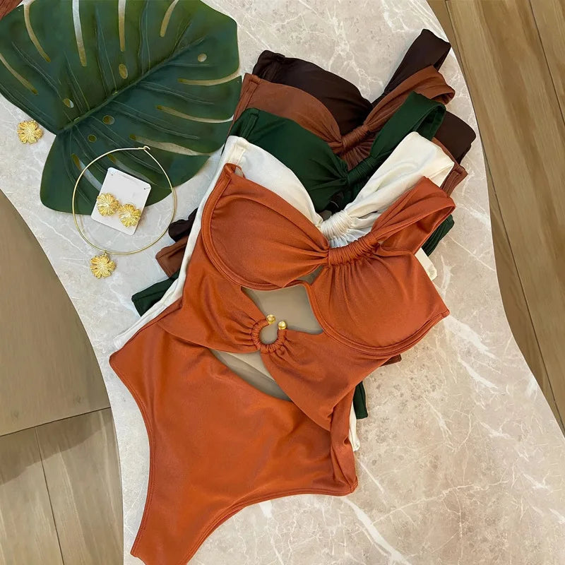 One Shoulder Swimsuit Women Swimwear 2025 Sexy Bikinis Female Biquini Hollowen Swim Suits Cut Out Bodysuit Bathingsuit Beachwear -