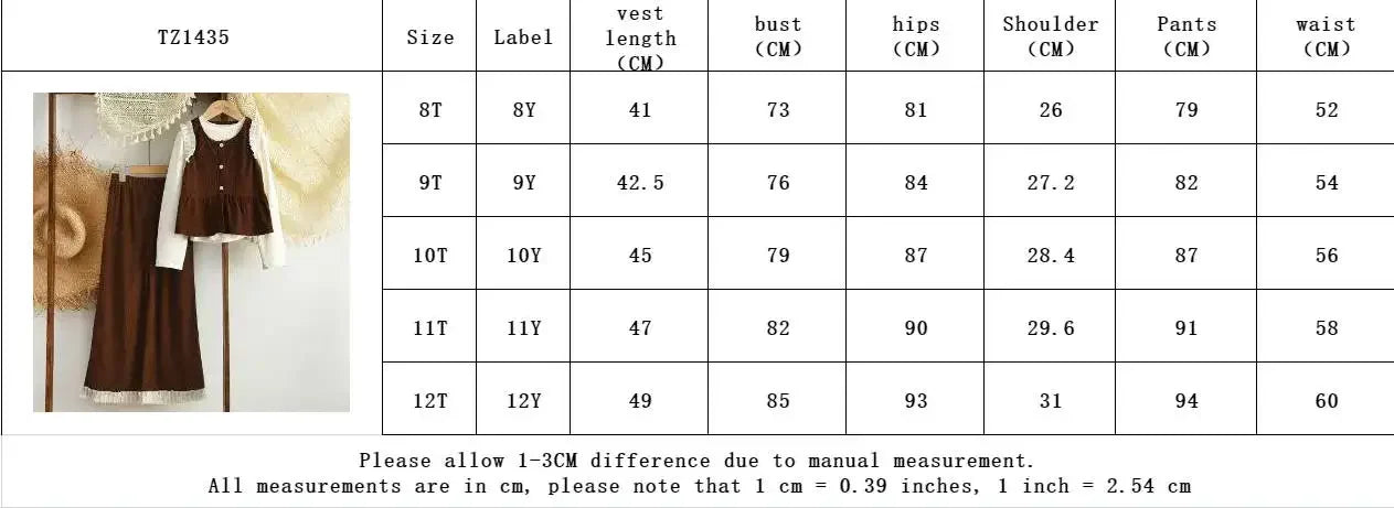 Clothes for Children Aged 8-12 Autumn New Long Sleeved T-shirt Top + Coffee Colored Vest + Pants Three Piece Set Girls Suit -