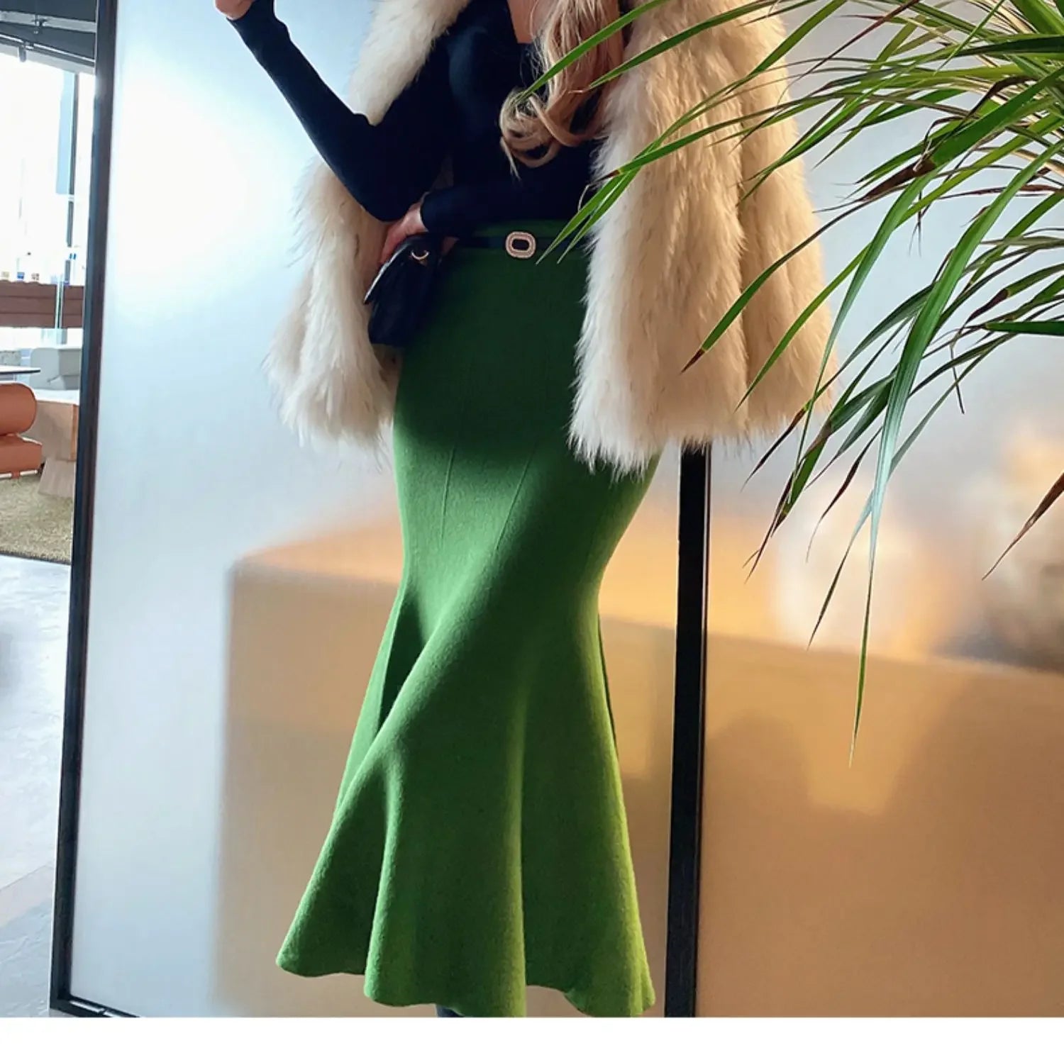 Women's Skirts Knitted Long Skirts for Women Fashion 2025 Autumn Winter Solid Color Green Vintage Slim A-LINE Skirts for Woman -