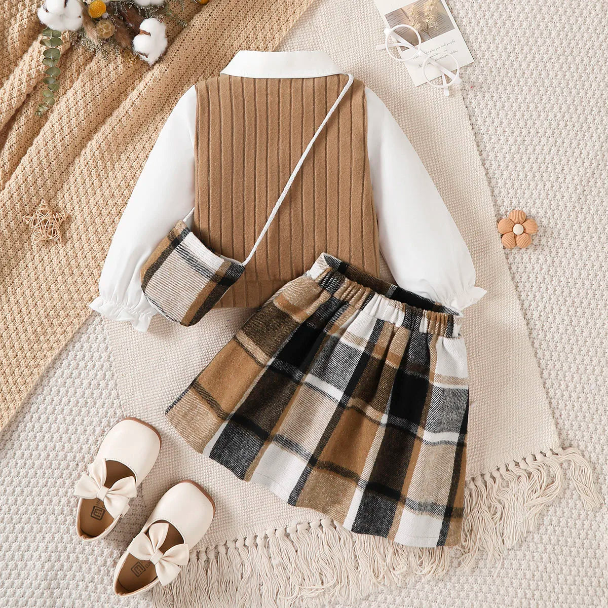 3Pcs Children Girl Set Splicing Fake Two piece Top+Checkered Skirt+Mini Bag Set Suitable Girls 4-7 Year Autumn College Style Set -