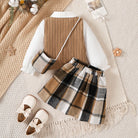 3Pcs Children Girl Set Splicing Fake Two piece Top+Checkered Skirt+Mini Bag Set Suitable Girls 4-7 Year Autumn College Style Set -