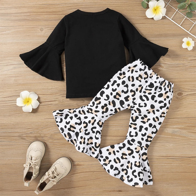 2pcs Baby Girl Clothes Sets Black Pullover Top + Leopard Print Bell-Bottoms Autumn Children's Clothing For 2 3 4 5 7 8 Years Old -