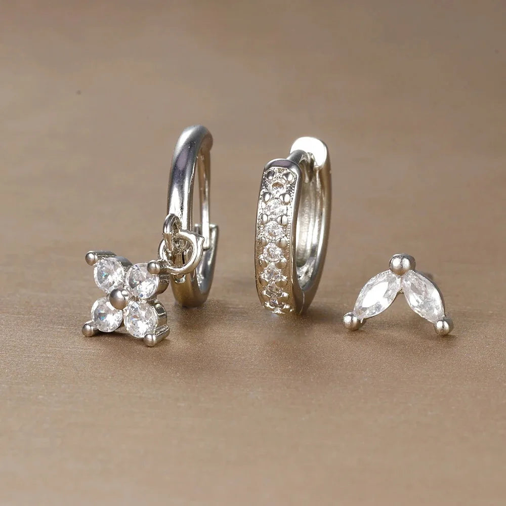 3PCS Trendy Stainless Steel Flower Drop Earring Set -