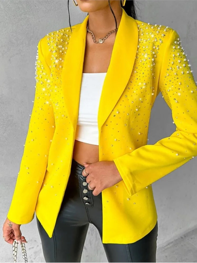 Stay trendy with these fashion blazers for women—streetwear-inspired slim long sleeve jackets with a turndown collar, perfect for casual autumn and spring wear! -