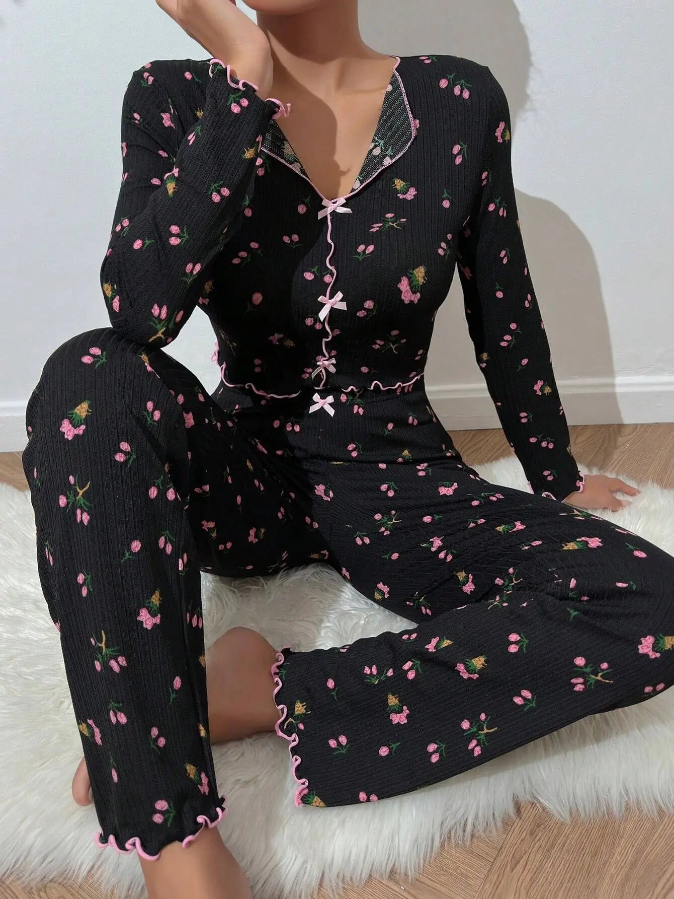 Y2K Cute Floral Ribbed Pajama Set Womens Long Sleeve V Neck Two Piece Sleepwear Homewear Autumn Winter Bow Lettuce Trim New Hot -