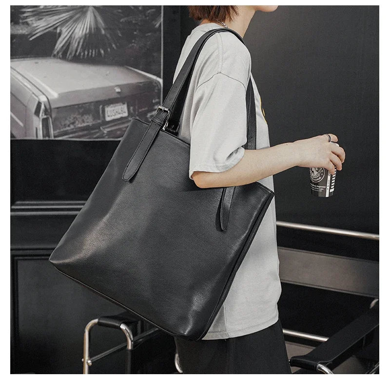 Soft Leather Tote Bag for Men Japanese Korea Style Business Casual Street Handbag Male Large Capacity Zipper Laptop Underam Bags -