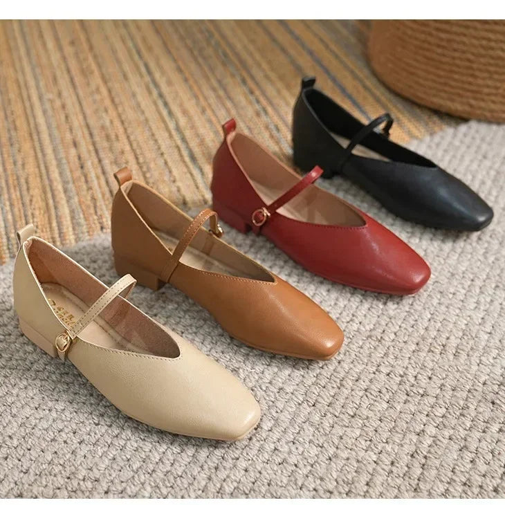Woman Spring Casual Square Toe Low Soft Soled Shoes Lolita Ballerina Red Flats Female Elegant French Retro Buckle Mary Janes -