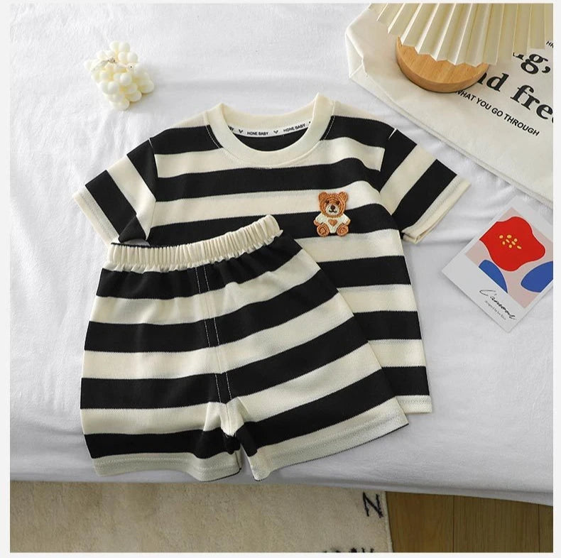 Children's Clothes Short-sleeved Suit Striped Top+shorts 2-piece T-shirt Summer Baby Clothes Children Clothing Boys Girls -