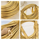 Make a statement with this gold luxury designer brand handwoven noodle bag. With a rope-knotted hobo design and a chic silver evening clutch, this bag is the epitome of high fashion and sophistication. -