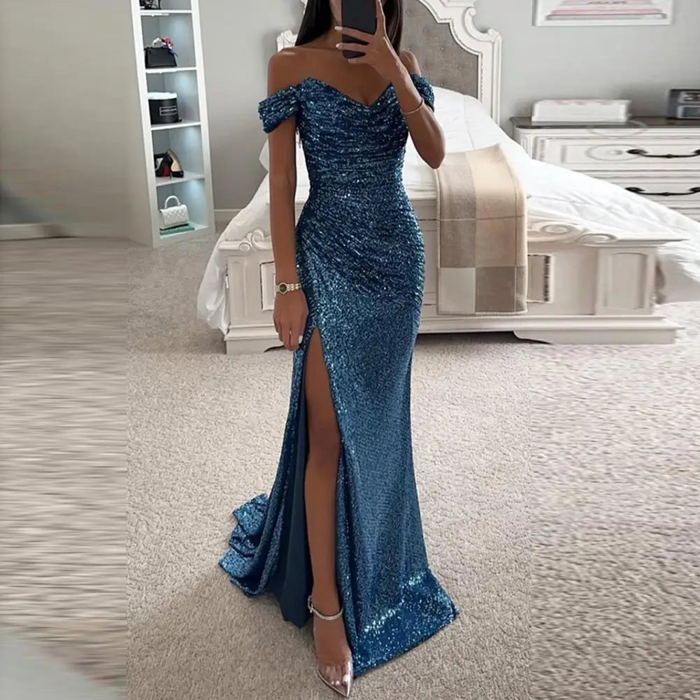 Dazzle in style with this sequin pleated maxi dress featuring short sleeves and a waist-tight silhouette—perfect for showcasing sophistication and glamour! -