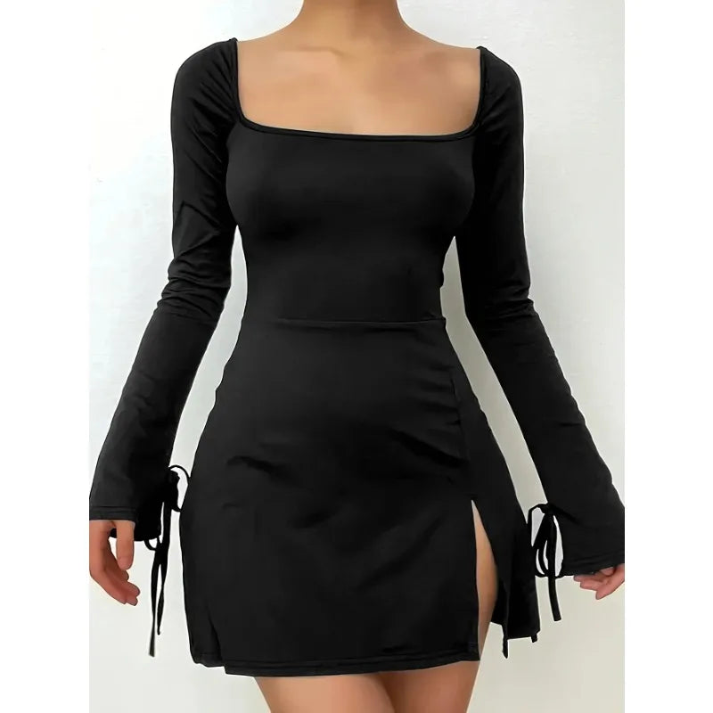 Womens Sexy Mini Dresses Long Sleeves with Lace-up Split -