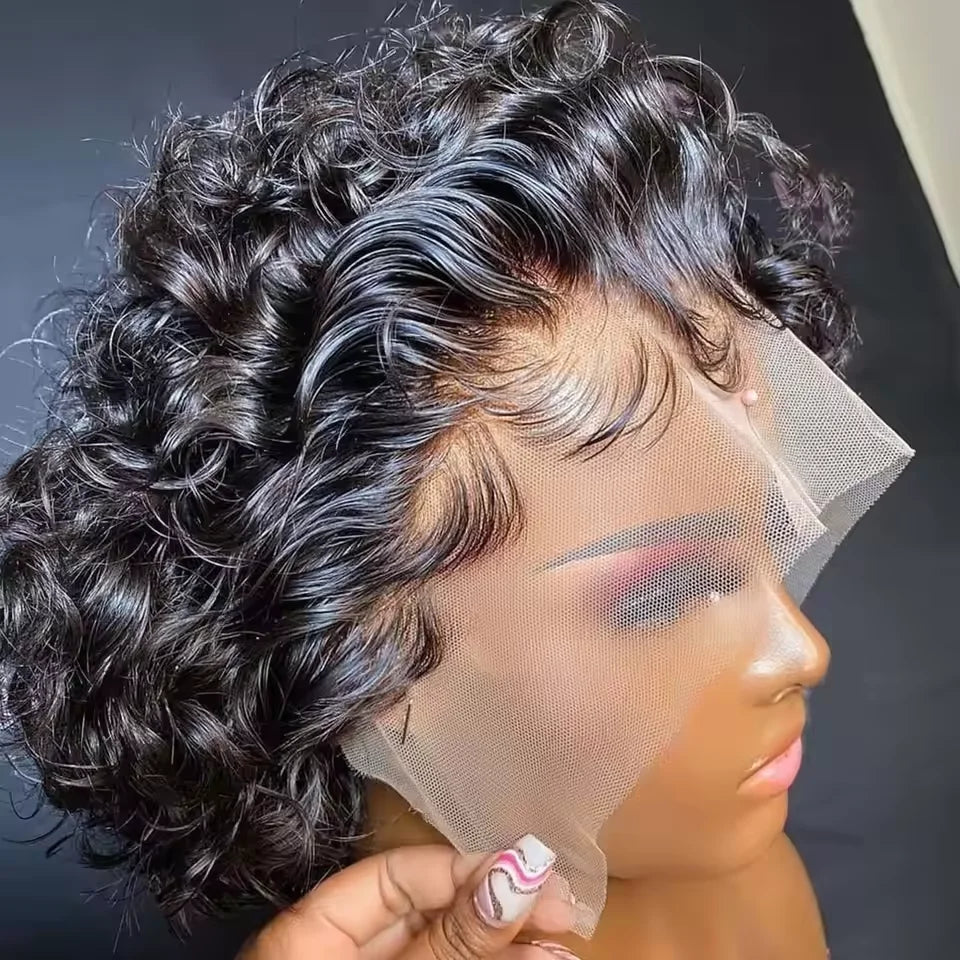 Achieve a natural look with this lace frontal short kinky curly bob wig. Made from Brazilian water wave hair, this trendy hairstyle is perfect for a stylish and fashionable appearance. -