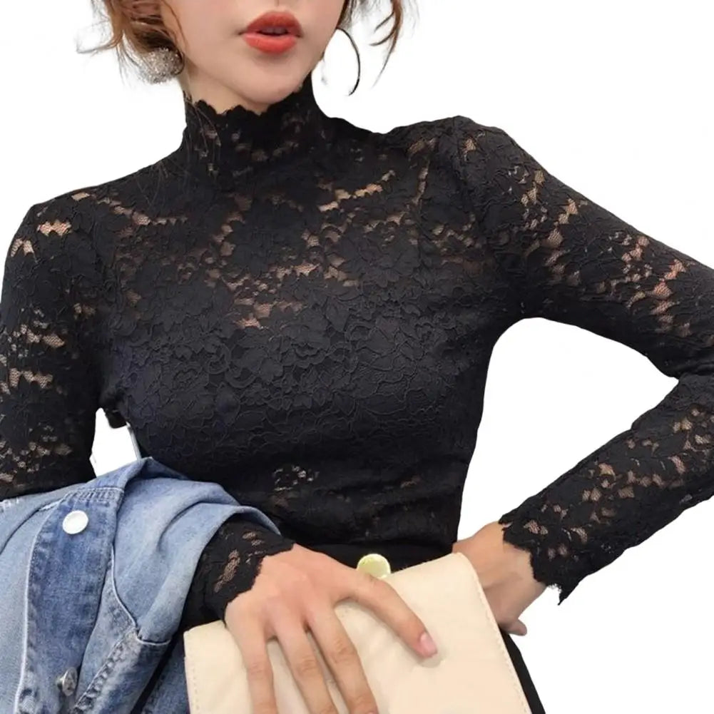 Achieve an elegant and feminine look with this long sleeve lace crochet top. The see-through design adds a touch of allure and sophistication to your outfit. -